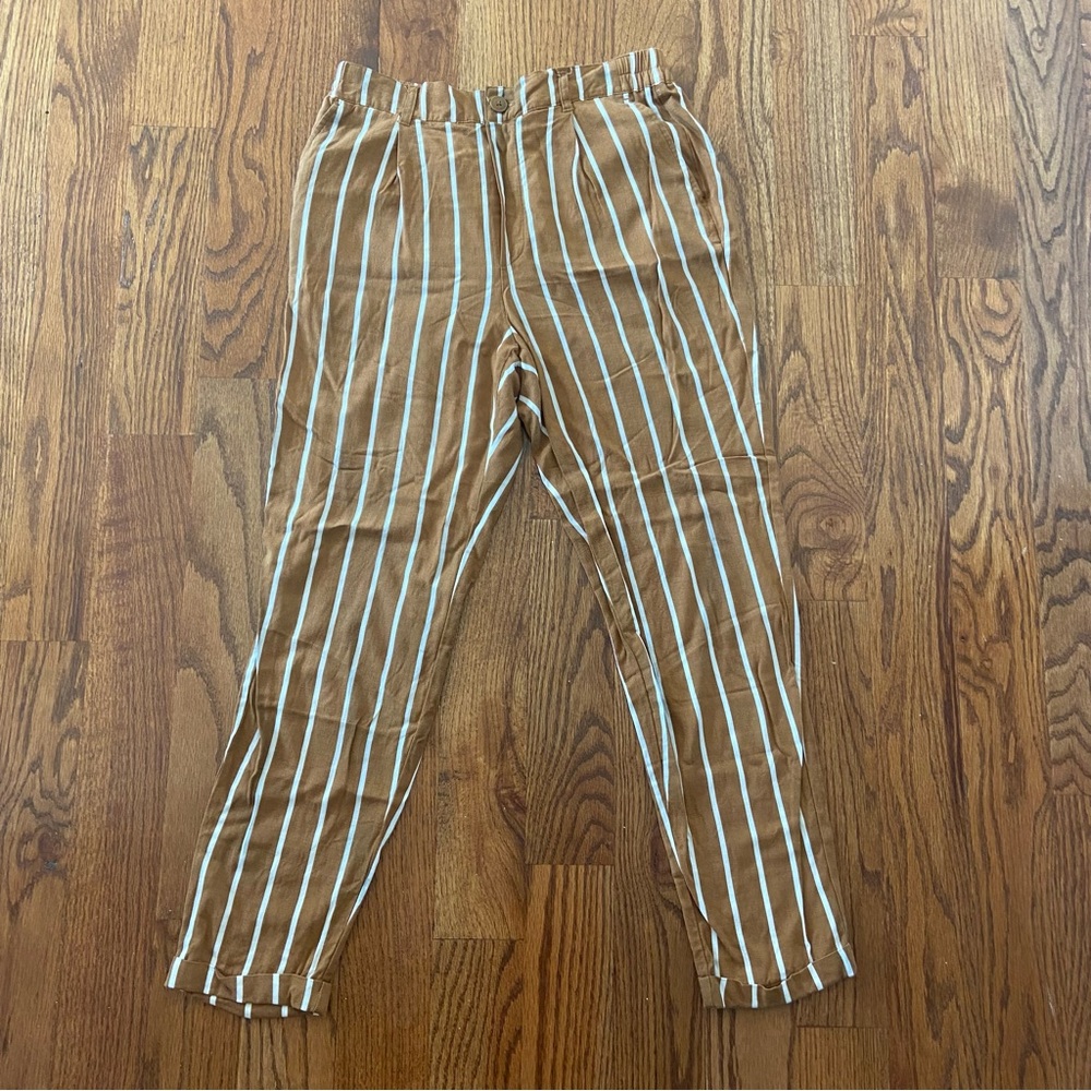 Striped Linen/Cotton White and Brown Pants Size M